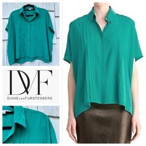 Diane Von Furstenberg Eris Pintuck Silk Top Green Short Sleeve Blouse Size S‎